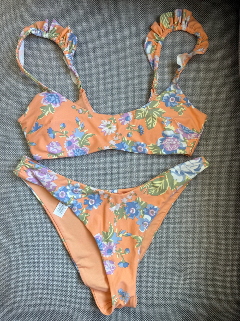 S Aerie Printed Ruffle Scoop Bikini Two Piece Matching Set Apricot Wash Swimsuit - Picture 11 of 12